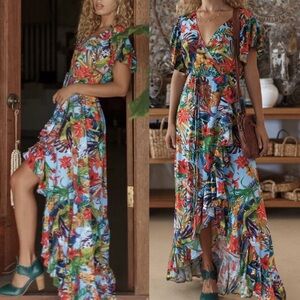 Bali Elf Tropical Floral Maxi Wrap Dress XL Boho Resort